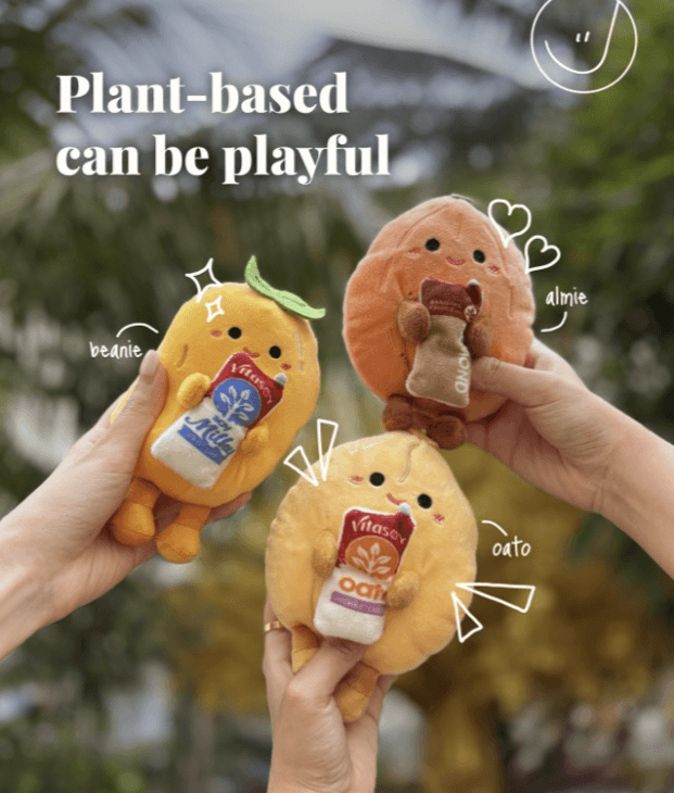 Beanie, Almie and Oato, three Vitasoy plushies that convert into reusable tote bags
